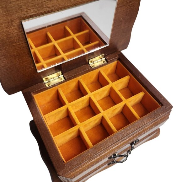 Vintage Small Dresser Jewelry Box Orange Velvet Inside With Mirror Ring Box - Picture 4 of 8
